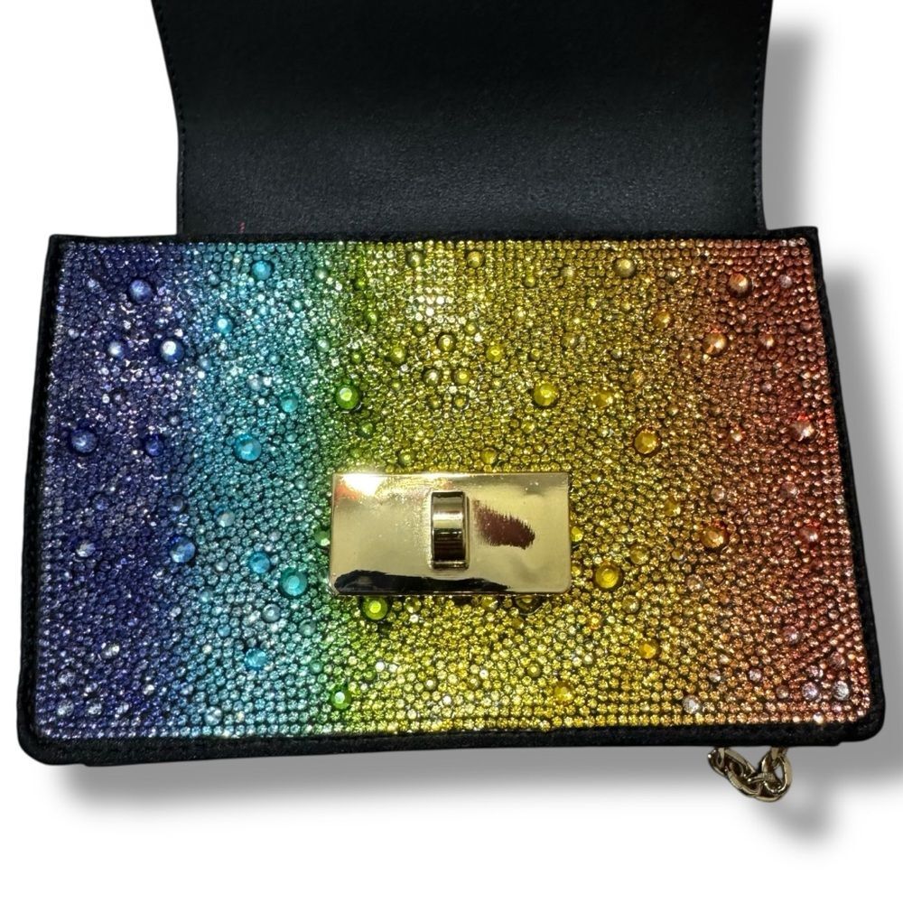 Betsey Johnson Rainbow Rhinestone Mini Crossbody Bag Turn-Lock Gold Chain - Picture 7 of 11
